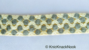 Beige Net Trim With Embroidered Roses, Off White and Grey Floral Trim, Approx. 36mm wide - 210119L465